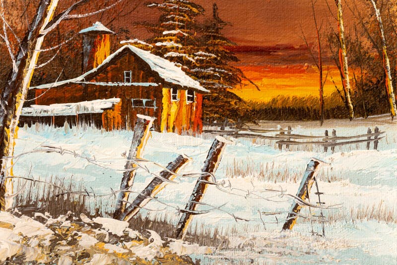 Close-up of Rural Sunset Winter Landscape Oil Painting