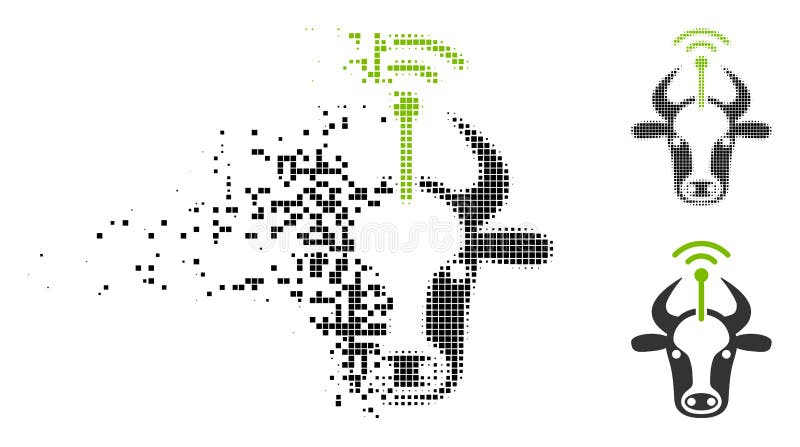 Fragmented Dot Halftone Cow Radio Transmitter Icon. Cow radio transmitter icon in fragmented, pixelated halftone and original variants. Fragments are composed into vector disappearing cow radio transmitter shape.
