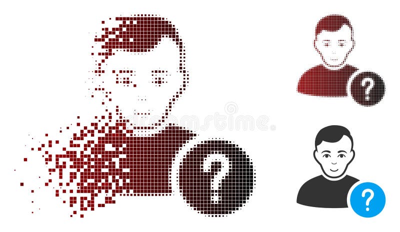 Fragmented Pixel Halftone User Status Icon. Vector user status icon in dissolved, dotted halftone and undamaged solid versions. Disintegration effect involves rectangular particles and horizontal gradient from red to black.