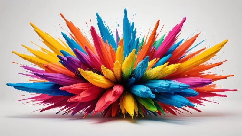 Fragmentele colorate de vopsea radiază într-o explozie abstractă vibrantă pe un fond alb.