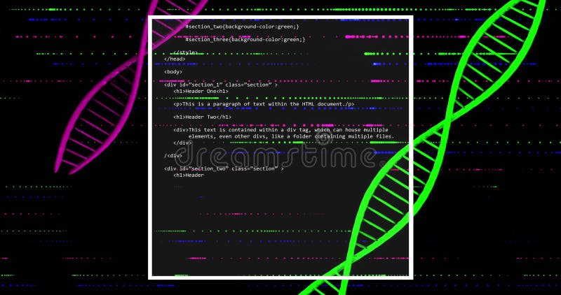 Fragmento de código HTML sobre la imagen de cadena de ADN con líneas coloridas imagen de archivo