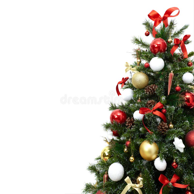 Fragmento de uma árvore de Natal bonita com decorações coloridas, cones, bolas e fitas, isolados no branco imagem de stock Fragmento de uma árvore de Natal bonita com decorações coloridas, cones, bolas e fitas, isolados no branco imagem de stock
