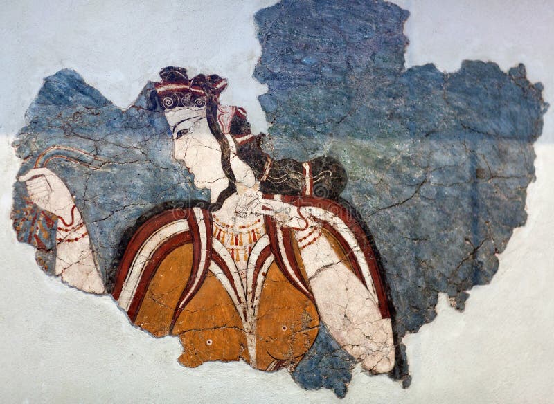 Mycenaean fresco wall painting fragment depicting a woman from a ceremonial procession in Tiryns palace. 14th-13th Century BC. Mycenaean fresco wall painting fragment depicting a woman from a ceremonial procession in Tiryns palace. 14th-13th Century BC