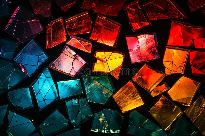 Fragments of vibrant glass scatter and shine amidst dark backdrop royalty free stock photos