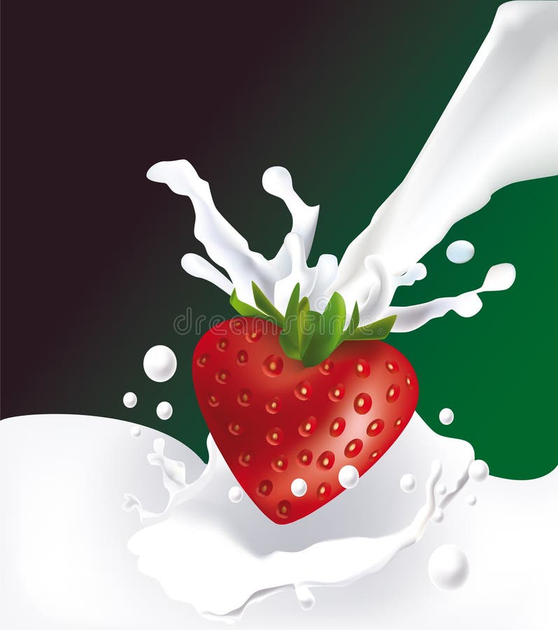 Vector drawing of strawberry in the form of the heart and milk splash. Vector drawing of strawberry in the form of the heart and milk splash