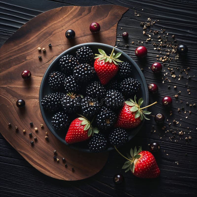 Fragole e fragole fresche in bowling con fondo di legno di ruggine illustrazione vettoriale