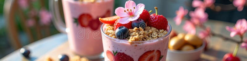 Fragole fresche e frullato di mirtillo con granola e vernice al fiore fotografia stock