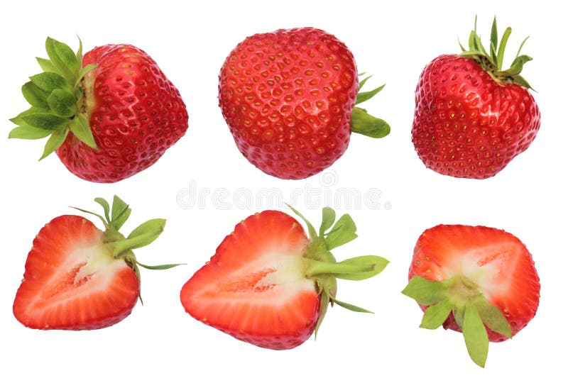 Fragole isolate Raccolta di interi e frutti tagliati della fragola isolata su fondo bianco con il percorso di ritaglio immagine stock Fragole isolate Raccolta di interi e frutti tagliati della fragola isolata su fondo bianco con il percorso di ritaglio immagine stock