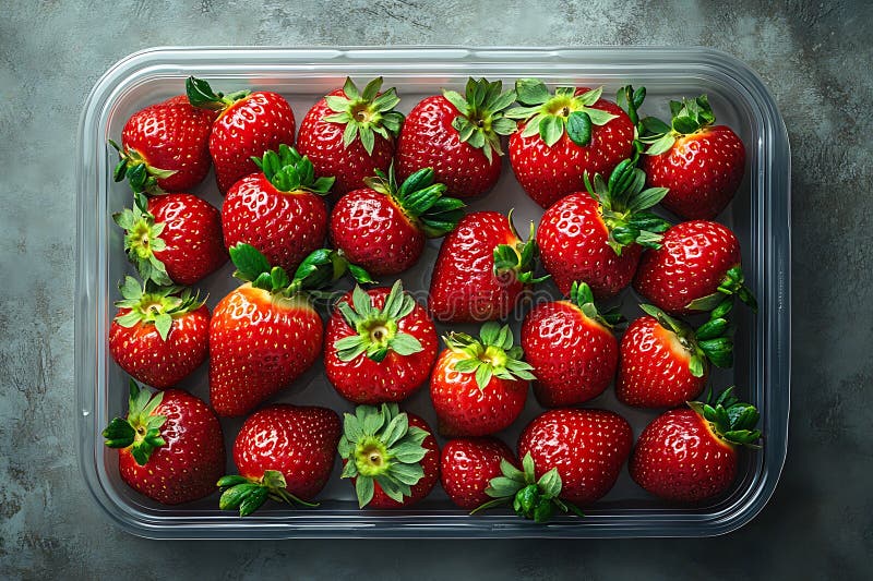 Fragole rosse fresche sgusciate con punti verdi all'interno di un contenitore di plastica trasparente illustrazione di stock