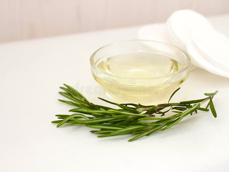 Fragrant natural rosemary in a glass bowl with a rosemary branch and cotton pads against a white wooden wall stock images Fragrant natural rosemary in a glass bowl with a rosemary branch and cotton pads against a white wooden wall stock images