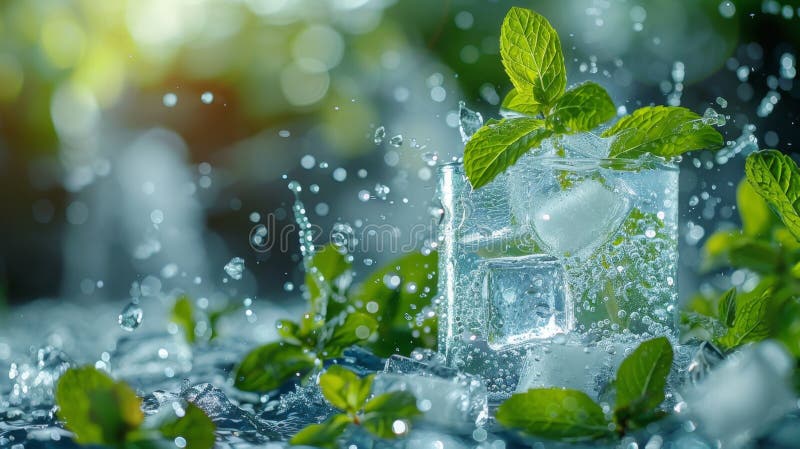 high quality illustration, cool mintwater splash with ice cubes, an ideal summer drink concept with text space AI generated. high quality illustration, cool mintwater splash with ice cubes, an ideal summer drink concept with text space AI generated