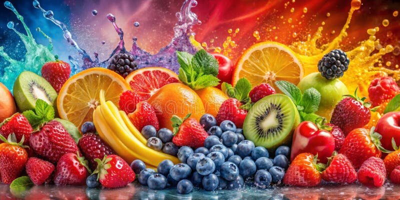 Fraise de fruits éclaboussant une symphonie colorée de saveurs orange kiwi fraise bleuet banane dans un éclat de délice juteux illustration de vecteur