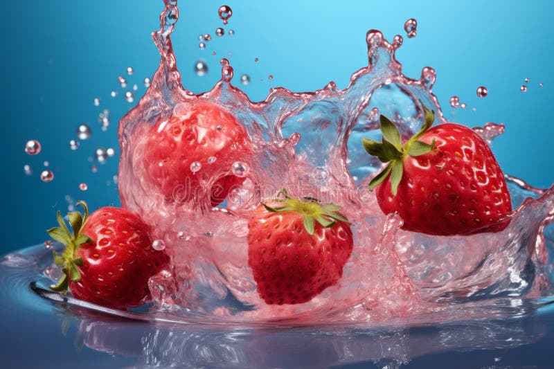 Fresh strawberry juice splashes on white background for design and advertising purposes, Generated by AI. Fresh strawberry juice splashes on white background for design and advertising purposes, Generated by AI