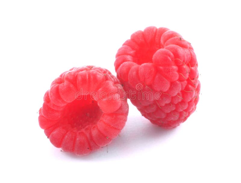 Two ripe raspberries with shadow on white background. Two ripe raspberries with shadow on white background