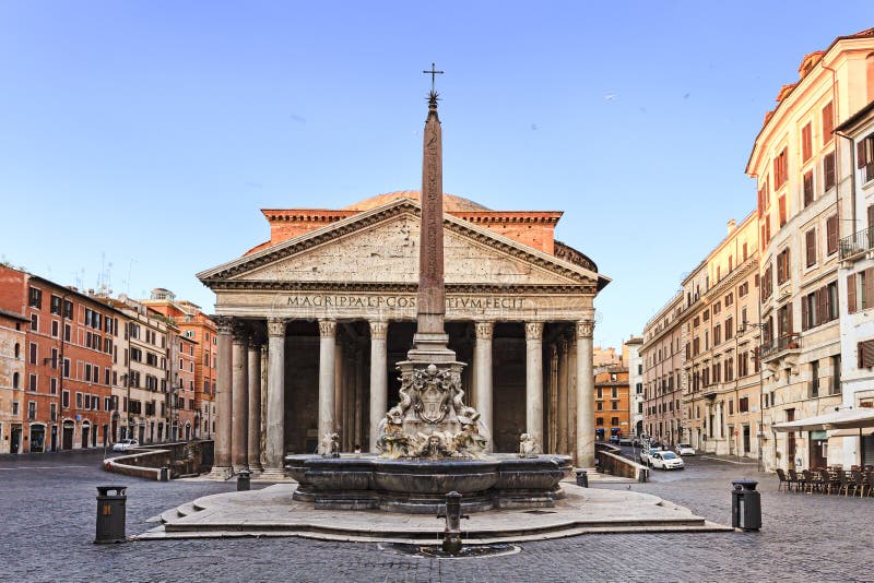 Landmark from ancient times of Roman Empire - pantheon of Gods in Italian capital - Rome, behind square obelisk and fountain. Landmark from ancient times of Roman Empire - pantheon of Gods in Italian capital - Rome, behind square obelisk and fountain