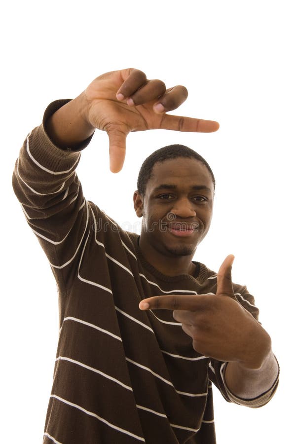 African young man doing a frame with his hand (focus on the eyes)