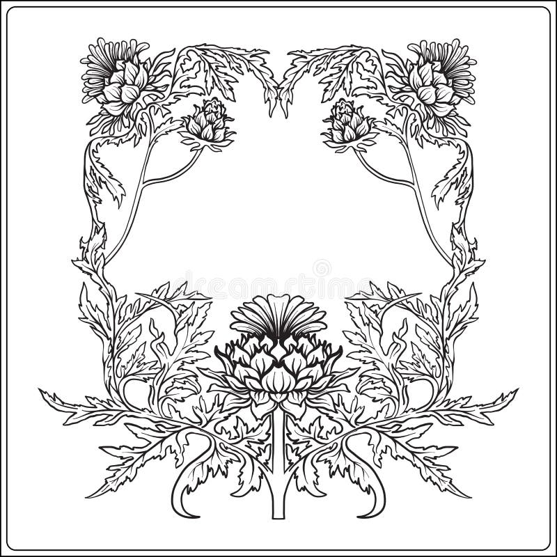 Frame in art nouveau style with thistle. Outline drawing.n
