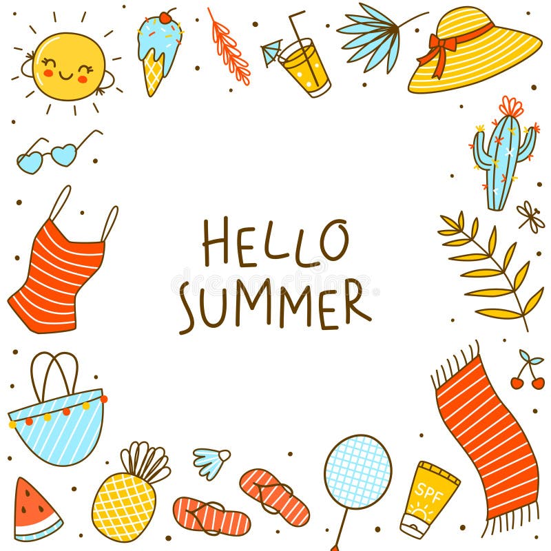 Frame Background with Cute Summer Items Isolated on White - Cartoon ...