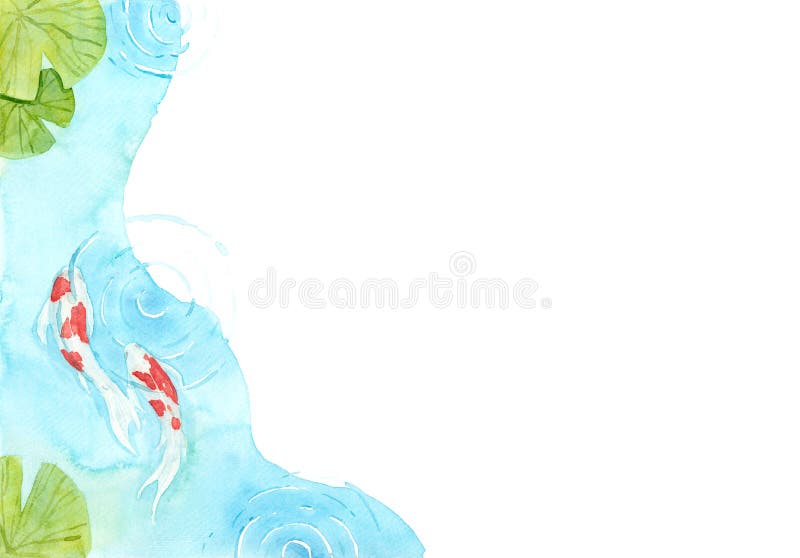 Frame of beautiful and brilliantly colored Koi Carp fish in a pond. Watercolor hand painting