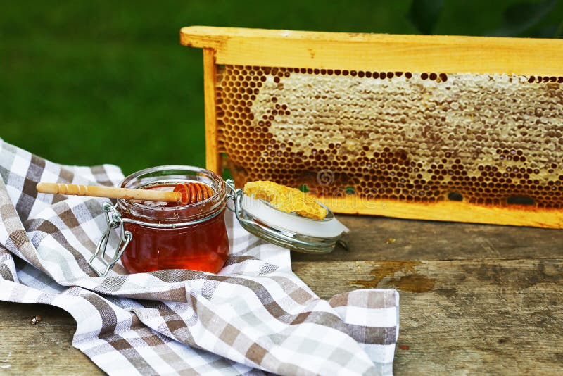 Frame with bees wax structure full of fresh bee honey in honeycombs. Fresh honey in the pot. Authentic lifestyle image. Top view. stock photos Frame with bees wax structure full of fresh bee honey in honeycombs. Fresh honey in the pot. Authentic lifestyle image. Top view. stock photos