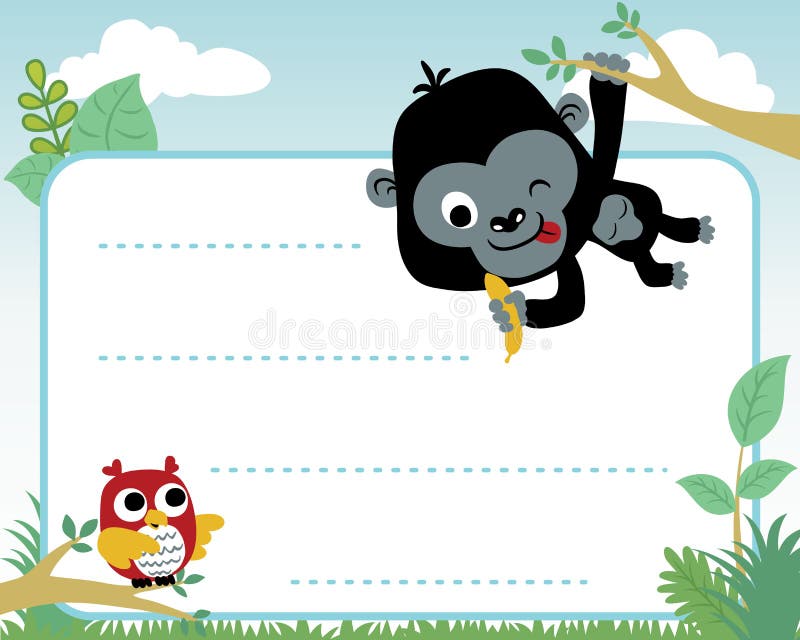 Frame border of funny king kong cartoon with cute owl, for kids party invitation card template royalty free illustration