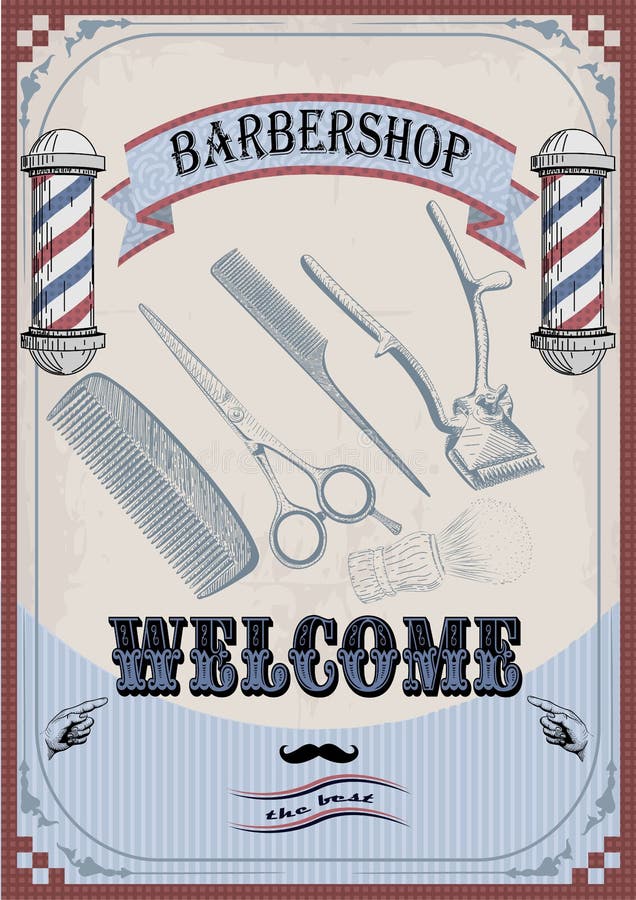 Frame border scissors clippers shears brush swab razor hairclipper blade barber vintage retro barbershop. Vector vertical closeup