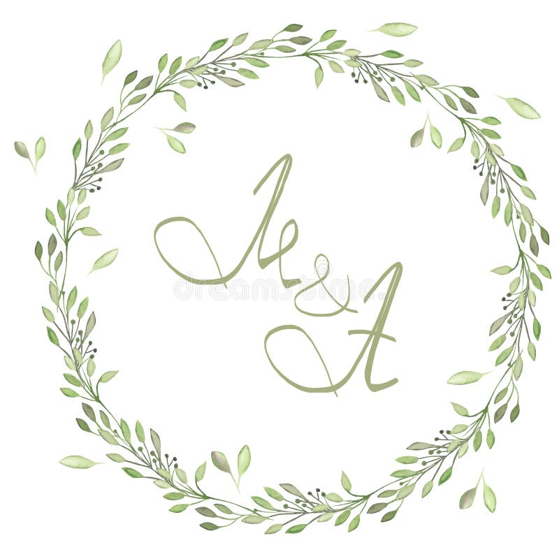 Frame border, wreath of tender branches with green leaves painted in watercolor on a white background, greeting card
