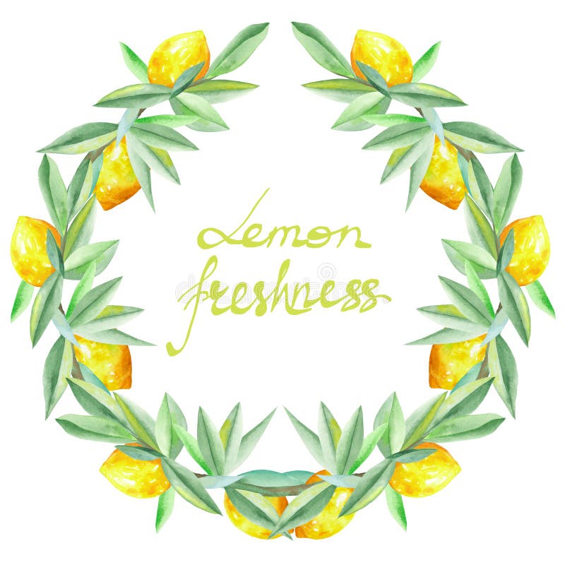 Frame border, wreath of yellow lemons on the branches with green leaves painted in watercolor for greeting card