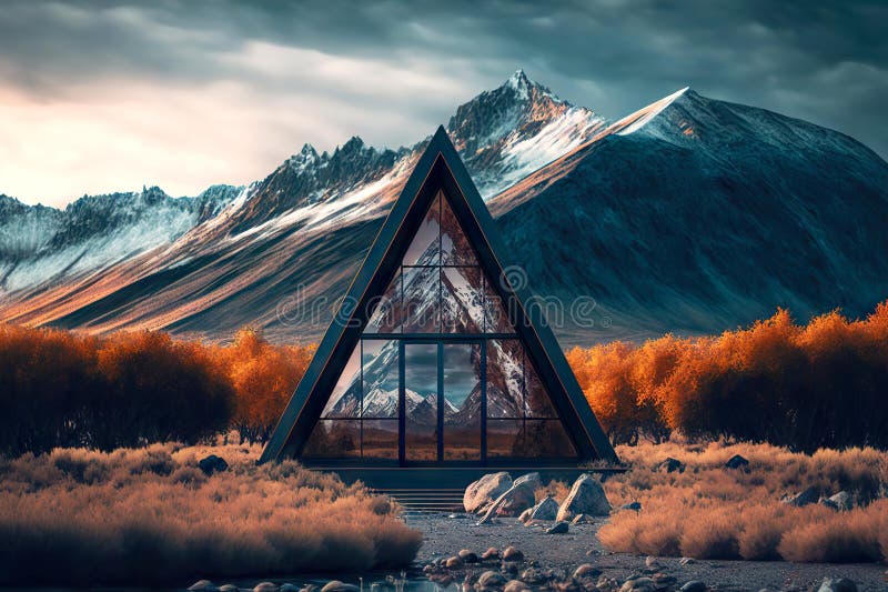 Aframe Cabin with Glass Windows Against Backdrop of High Mountains