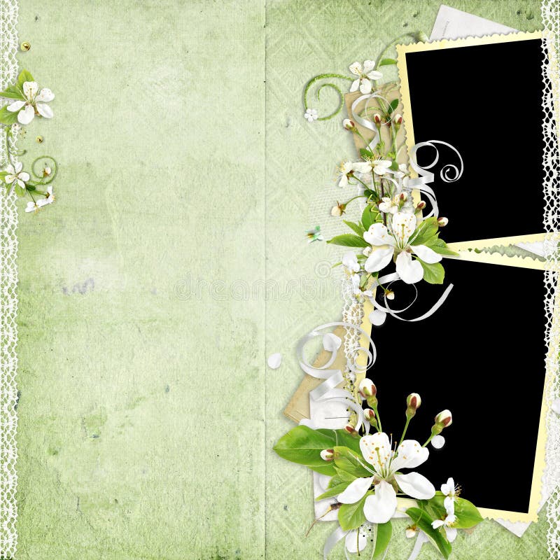 Frame with cherry flowers on the old paper stack