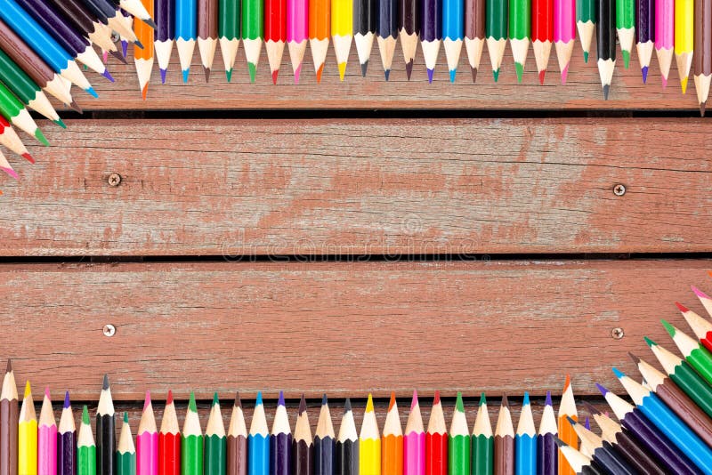 Frame of Colour Pencils on Wood Texture Stock Photo Image of blue