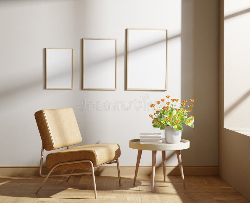 Frame Different Size on Living Room with a Flower and Realistic Wall