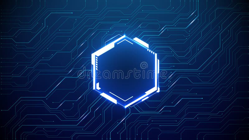 Frame esagono di neon in funzione di portale informatico della scheda di circuito illustrazione di stock