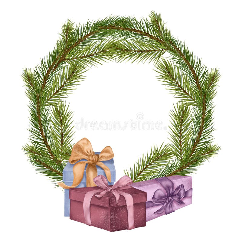 Cadru de ramuri de brad ilustrare digitală. ramuri de pin sub formă de cadru circular. coroană de molid și cutii de cadouri izolate pe alb. element pentru cardul de invitație de Crăciun pentru proiectare.