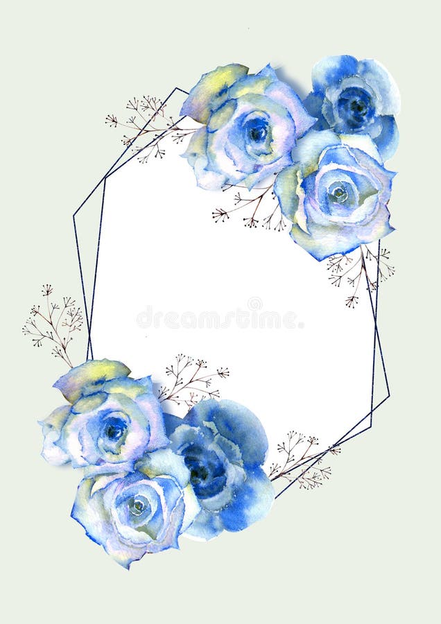 Frame with Floral Watercolor Illustration. Blue Roses on White Isolated  Background. Bright Flowers, Leaves, for Wedding Stationery Stock  Illustration - Illustration of design, element: 164861165