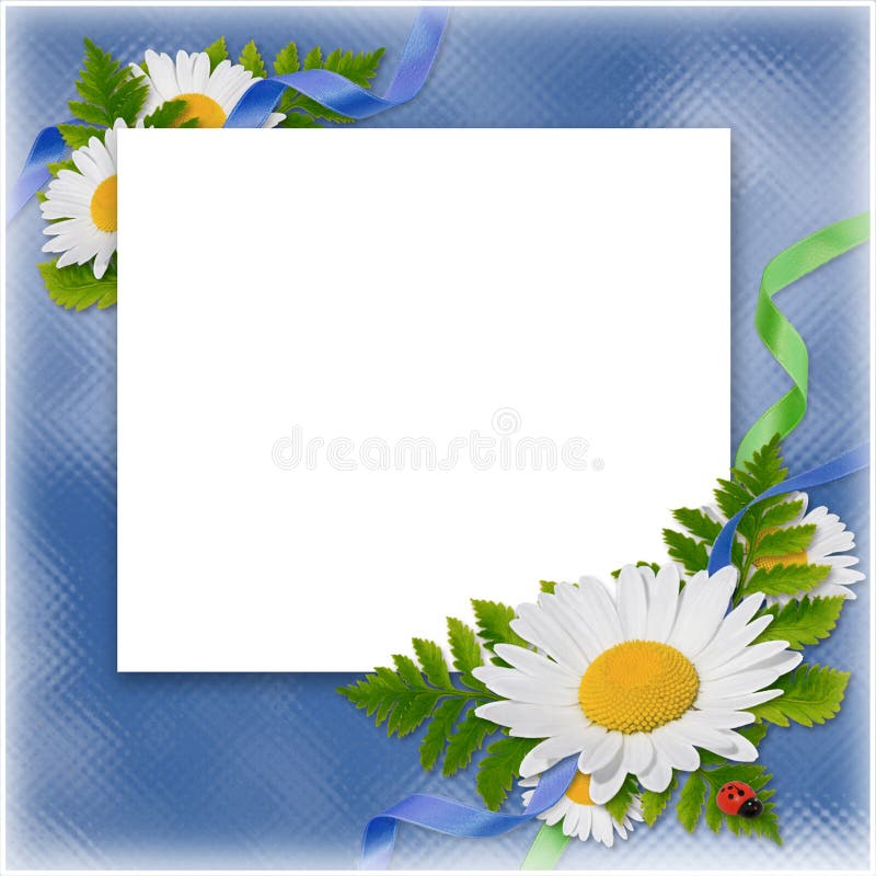 Frame with flowers and ribbons on the blue