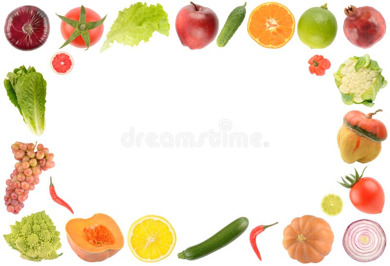 Frame fresh fruits, vegetables and berries isolated on white background royalty free stock image
