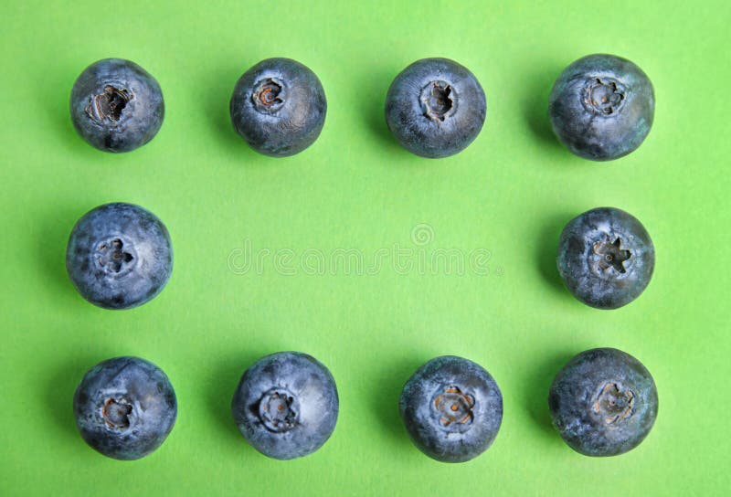 Frame of fresh ripe blueberries on background, flat lay. Space for text royalty free stock images