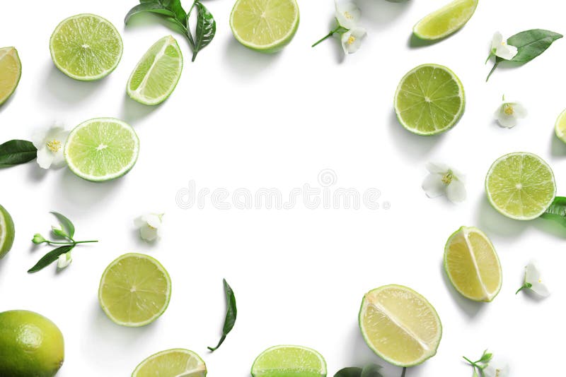 Frame of fresh ripe limes on white background stock photos