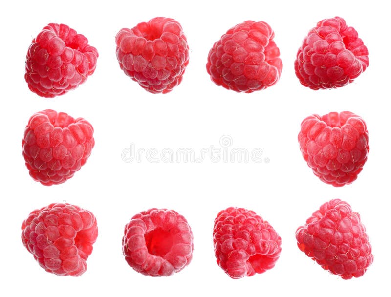 Frame of fresh ripe raspberries on background stock images