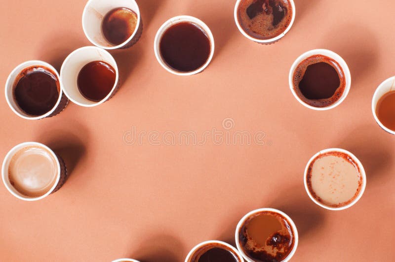 Frame of full and empty coffee cups with different types of coffee royalty free stock images Frame of full and empty coffee cups with different types of coffee royalty free stock images