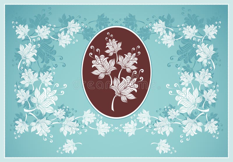 Frame or label with abstract flowers on blue