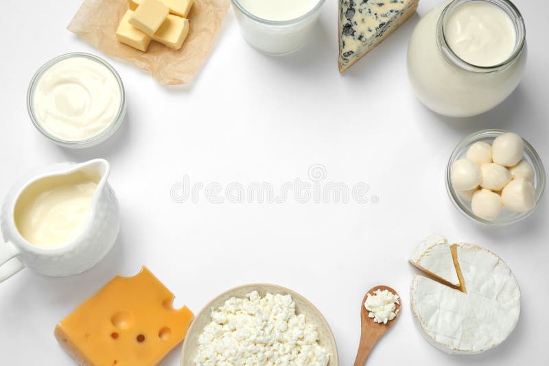 Frame Made with Different Dairy Products on White Background. Space for