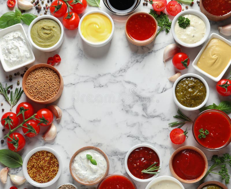 Frame Made with Different Sauces and Ingredients on Marble Background