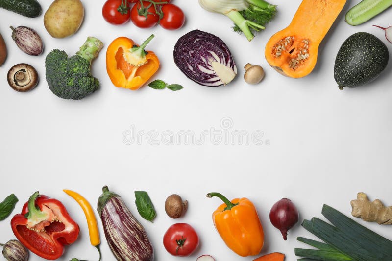 Frame made of fresh ripe vegetables on white background stock images