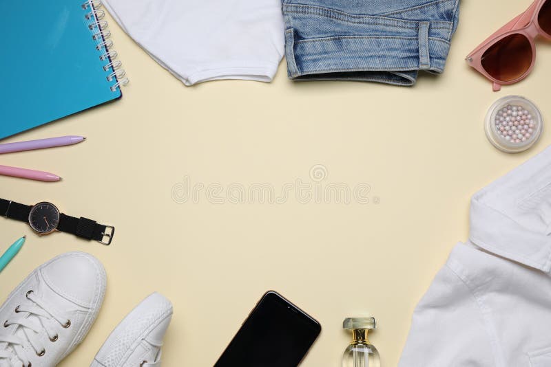 Frame Made of Stylish Clothes and Accessories on Background, Flat Lay ...