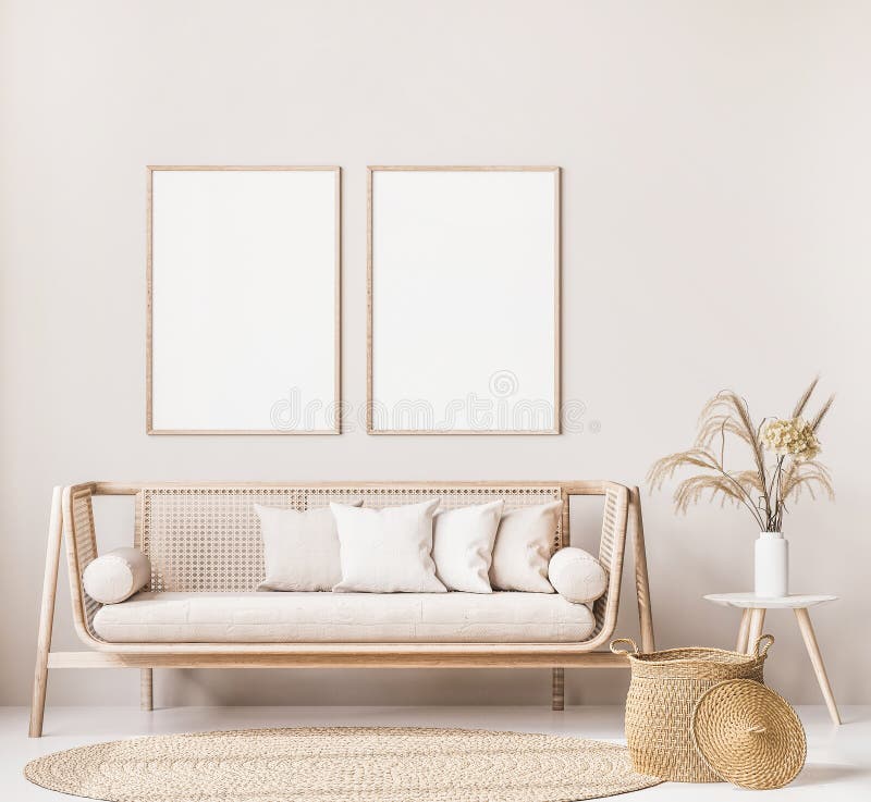 Frame mock up in boerderijstijl woonkamer met houten trendy sofa en witte vaas met gedroogde bloemen