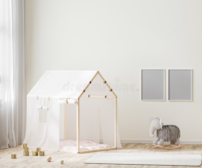 Frame mock up in children room interior background with tent and toys, 3d rendering stock illustration