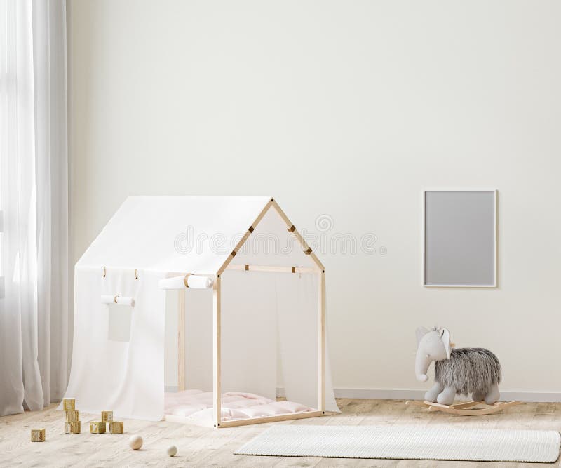 Frame mock up in children room interior background with tent and toys, 3d rendering royalty free illustration