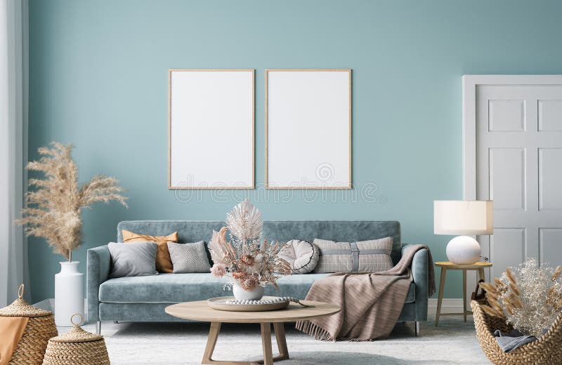 Frame mock-up in home interior with blue sofa, wooden table and decor in blue living room